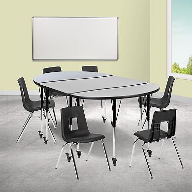 Emma and Oliver Mobile 76" Oval Wave Activity Table Set-18" Student Stack Chairs, Grey/Black