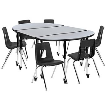 Emma and Oliver Mobile 76" Oval Wave Activity Table Set-18" Student Stack Chairs, Grey/Black
