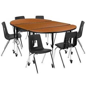 Emma and Oliver Mobile 76" Oval Wave Activity Table Set-18" Student Stack Chairs, Grey/Black