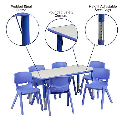 Emma and Oliver 23.625"W x 47.25"L Rectangle Plastic Activity Table Set with 6 Chairs