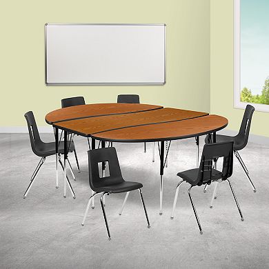 Emma and Oliver 86" Oval Wave Activity Table Set with 18" Student Stack Chairs, Oak/Black