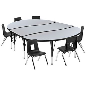 Emma and Oliver 86" Oval Wave Activity Table Set with 12" Student Stack Chairs, Oak/Black