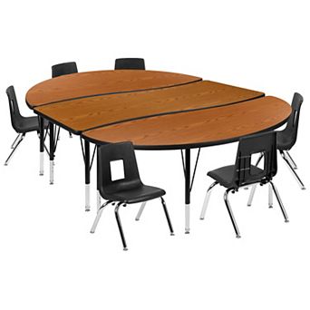 Emma and Oliver 86" Oval Wave Activity Table Set with 12" Student Stack Chairs, Oak/Black