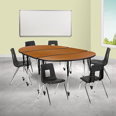 Emma and Oliver Mobile 86" Oval Wave Activity Table Set-18" Student Stack Chairs, Grey/Black