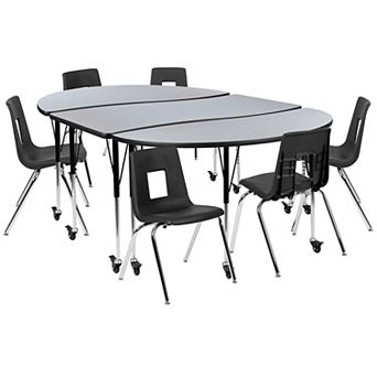Emma and Oliver Mobile 86" Oval Wave Activity Table Set-18" Student Stack Chairs, Grey/Black