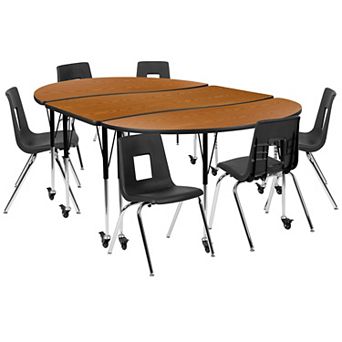 Emma and Oliver Mobile 86" Oval Wave Activity Table Set-18" Student Stack Chairs, Grey/Black