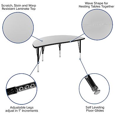 Emma and Oliver 47.5" Circle Wave Activity Table Set with 14" Student Stack Chairs, Grey/Black