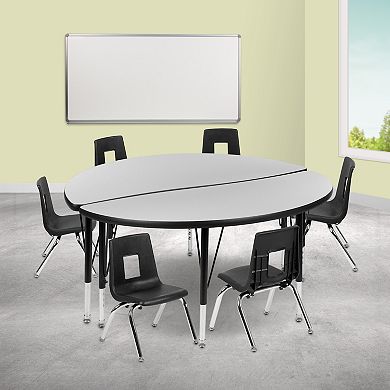 Emma and Oliver 47.5" Circle Wave Activity Table Set with 14" Student Stack Chairs, Grey/Black