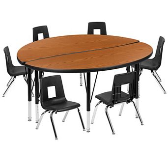Emma and Oliver 47.5" Circle Wave Activity Table Set with 14" Student Stack Chairs, Grey/Black