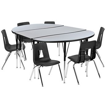 Emma and Oliver 76" Oval Wave Activity Table Set with 16" Student Stack Chairs, Grey/Black
