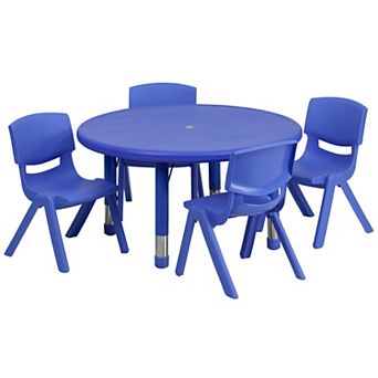 Emma and Oliver 33" Round Red Plastic Adjustable Activity Table Set-4 Chairs