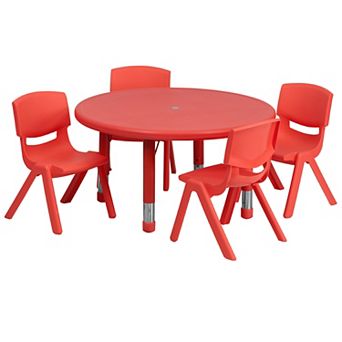 Emma and Oliver 33" Round Red Plastic Adjustable Activity Table Set-4 Chairs