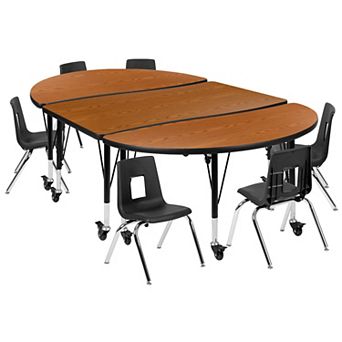 Emma and Oliver Mobile 76" Oval Wave Activity Table Set-12" Student Stack Chairs, Oak/Black