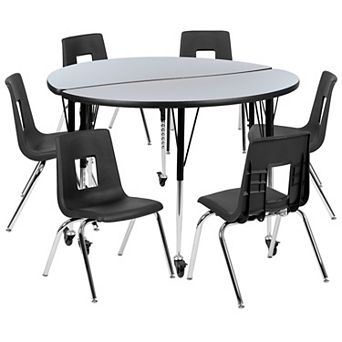 Emma and Oliver Mobile 47.5" Circle Wave Activity Table Set-18" Student Stack Chairs, Grey/Black