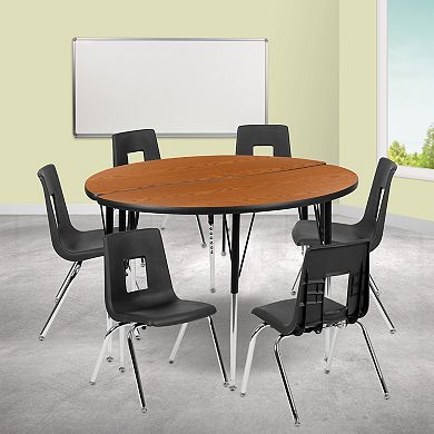Emma and Oliver 47.5" Circle Wave Activity Table Set with 18" Student Stack Chairs, Oak/Black