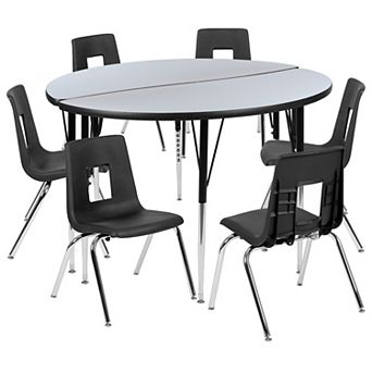 Emma and Oliver 47.5" Circle Wave Activity Table Set with 18" Student Stack Chairs, Grey/Black