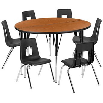 Emma and Oliver 47.5" Circle Wave Activity Table Set with 18" Student Stack Chairs, Grey/Black