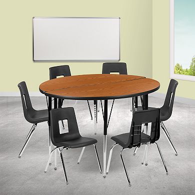 Emma and Oliver 47.5" Circle Wave Activity Table Set with 16" Student Stack Chairs, Grey/Black