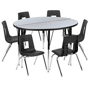 Emma and Oliver 47.5" Circle Wave Activity Table Set with 16" Student Stack Chairs, Grey/Black