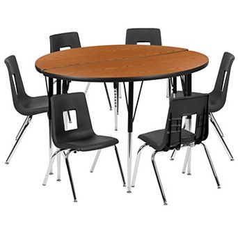 Emma and Oliver 47.5" Circle Wave Activity Table Set with 16" Student Stack Chairs, Grey/Black
