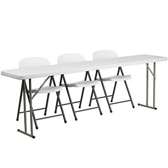 Emma and Oliver 8-Foot Plastic Folding Training Table Set with 3 White Plastic Folding Chairs