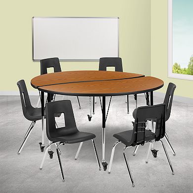 Emma and Oliver Mobile 60" Circle Wave Activity Table Set-18" Student Stack Chairs, Grey/Black