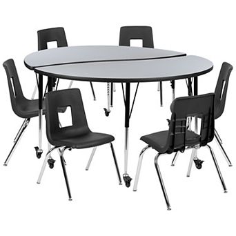 Emma and Oliver Mobile 60" Circle Wave Activity Table Set-18" Student Stack Chairs, Grey/Black