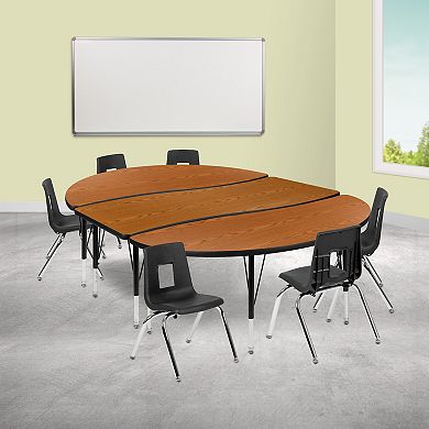 Emma and Oliver 86" Oval Wave Activity Table Set with 14" Student Stack Chairs, Oak/Black