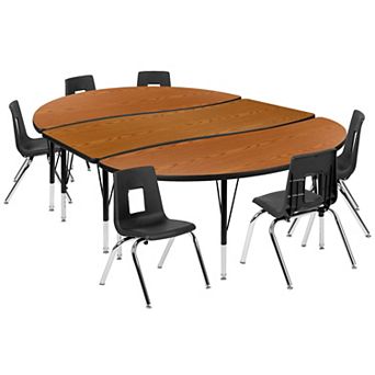 Emma and Oliver 86" Oval Wave Activity Table Set with 14" Student Stack Chairs, Oak/Black