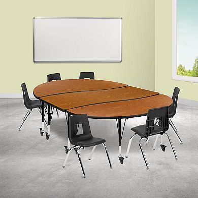 Emma and Oliver Mobile 86" Oval Wave Activity Table Set-14" Student Stack Chairs, Grey/Black