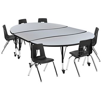 Emma and Oliver Mobile 86" Oval Wave Activity Table Set-14" Student Stack Chairs, Grey/Black
