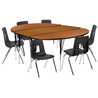 Emma and Oliver 86" Oval Wave Activity Table Set with 16" Student Stack Chairs, Grey/Black