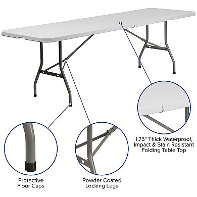 Emma and Oliver 8' Bi-Fold White Plastic Event/Training Folding Table Set w/ 10 Folding Chairs