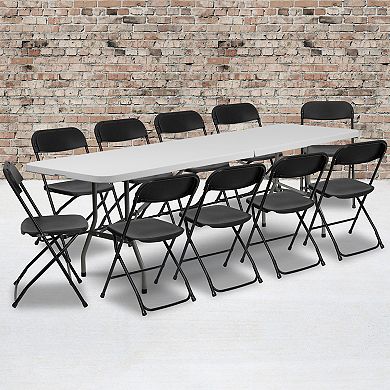 Emma and Oliver 8' Bi-Fold White Plastic Event/Training Folding Table Set w/ 10 Folding Chairs