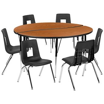 Emma and Oliver 60" Circle Wave Activity Table Set with 18" Student Stack Chairs, Grey/Black