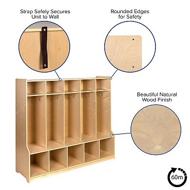 Emma and Oliver Wood 5 Section School Coat Locker with Bench, Cubbies and Storage Organizer Hook