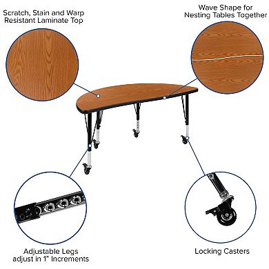 Emma and Oliver Mobile 47.5" Circle Wave Activity Table Set-12" Student Stack Chairs, Grey/Black