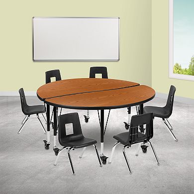 Emma and Oliver Mobile 47.5" Circle Wave Activity Table Set-12" Student Stack Chairs, Grey/Black