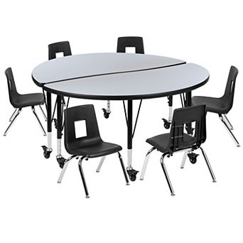 Emma and Oliver Mobile 47.5" Circle Wave Activity Table Set-12" Student Stack Chairs, Grey/Black