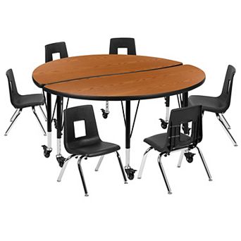 Emma and Oliver Mobile 47.5" Circle Wave Activity Table Set-12" Student Stack Chairs, Grey/Black