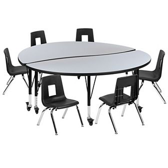 Emma and Oliver Mobile 60" Circle Wave Activity Table Set-14" Student Stack Chairs, Grey/Black