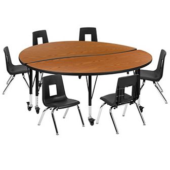 Emma and Oliver Mobile 60" Circle Wave Activity Table Set-14" Student Stack Chairs, Grey/Black