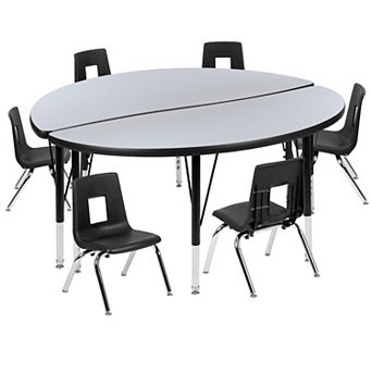 Emma and Oliver 47.5" Circle Wave Activity Table Set with 12" Student Stack Chairs, Grey/Black