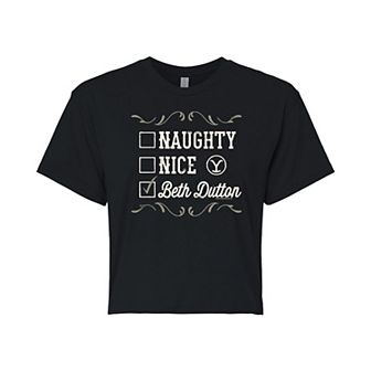 Juniors' Yellowstone Beth Dutton Christmas List Cropped Graphic Tee