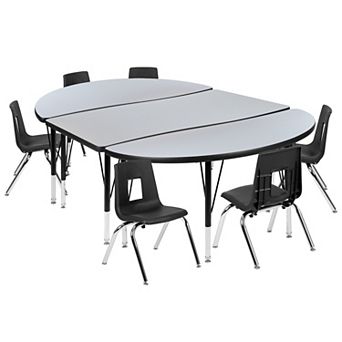 Emma and Oliver 76" Oval Wave Activity Table Set with 12" Student Stack Chairs, Grey/Black