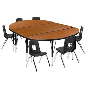 Emma and Oliver 76" Oval Wave Activity Table Set with 12" Student Stack Chairs, Grey/Black