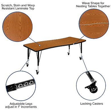 Emma and Oliver Mobile 86" Oval Wave Activity Table Set-12" Student Stack Chairs, Grey/Black