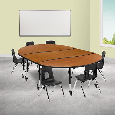 Emma and Oliver Mobile 86" Oval Wave Activity Table Set-12" Student Stack Chairs, Grey/Black