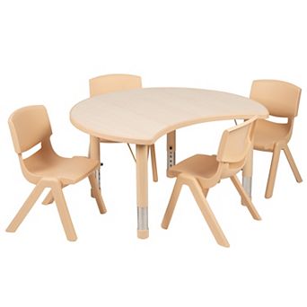 Emma and Oliver 25.125"W x 35.5"L Crescent Natural Plastic Adjustable Kids Table Set - 4 Chairs