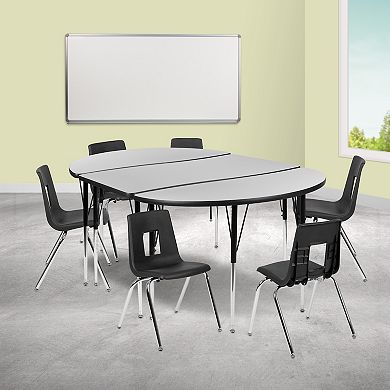 Emma and Oliver 76" Oval Wave Activity Table Set with 18" Student Stack Chairs, Oak/Black